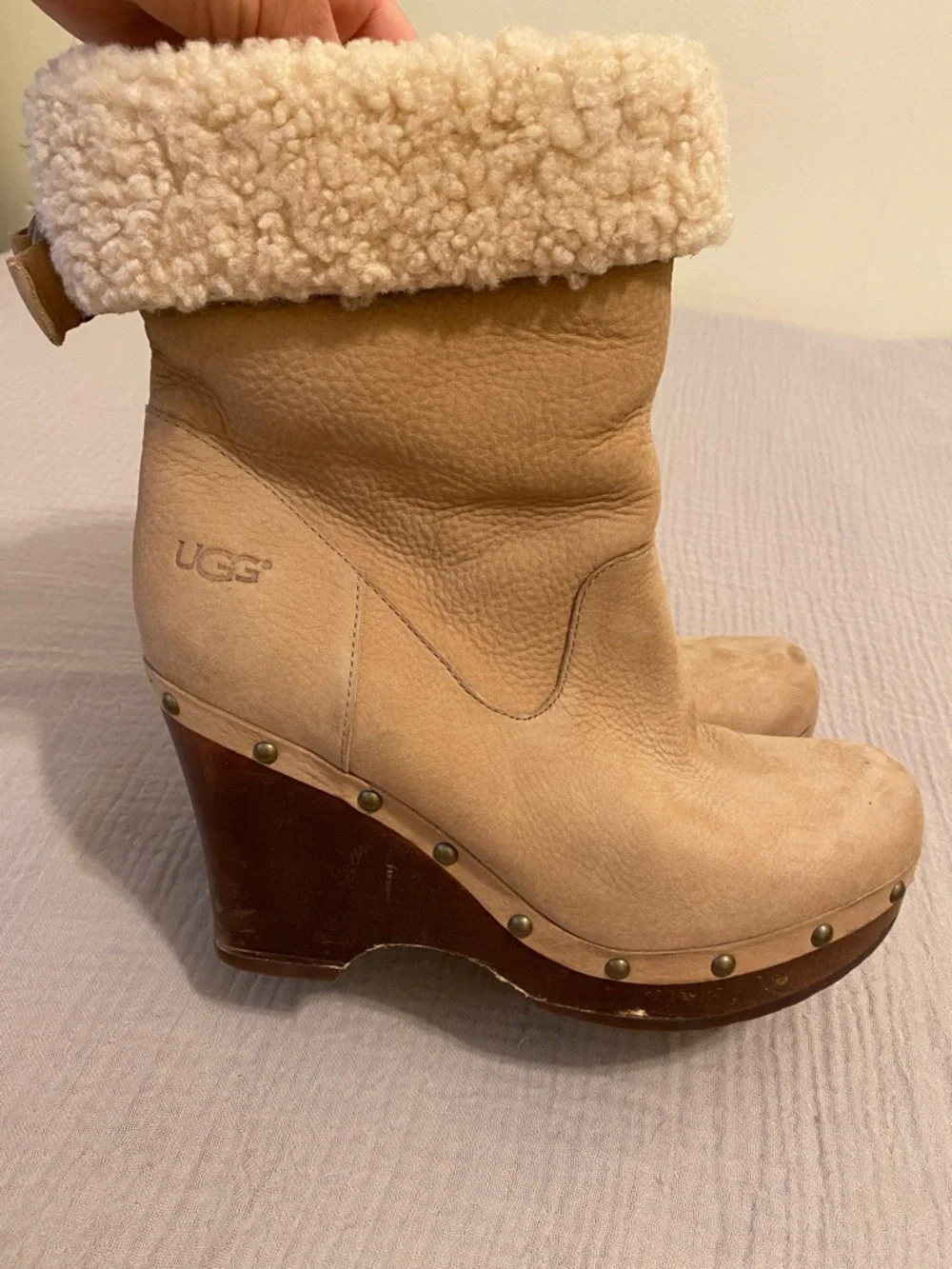 UGG Women's Tan Shearling Cuffed Wedge Boots. Size 8
